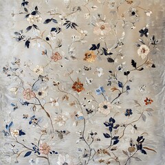 A woven silk tapestry with delicate floral embroidery and metallic golden highlights