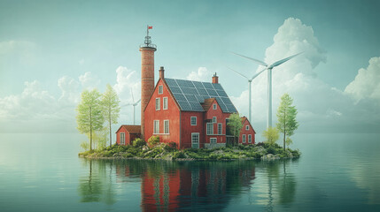 Obraz premium Red Island Home with Sustainable Energy