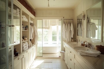 Luxurious, bright bathroom with walk-in closet, soaking tub, and large windows, showcasing elegant white design.
