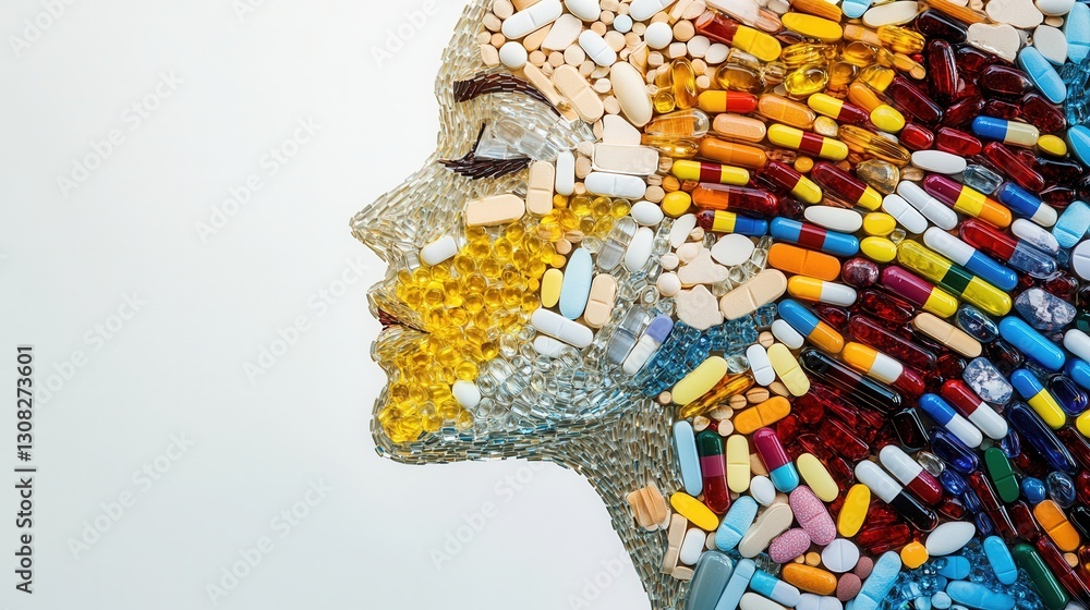 Aufkleber colorful mosaic of pills creating an intricate human silhouette in a detailed artistic depiction gen