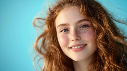 Naklejka premium Cheerful long-haired girl exudes joy, vibrant energy radiates in a creative moment. 