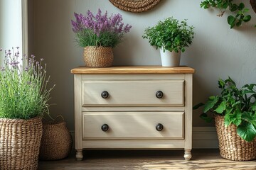 White dresser with light wood top, modern nightstand and bedroom storage cabinet, square chest of drawers for accessories, stylish home interior design.