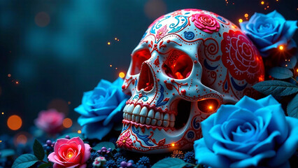 Generate a vibrant, decorative skull adorned with intricate designs, surrounded by a halo of lush blue roses.  The image should showcase a fusion of art and cultural symbolism, imbued with depth, mood