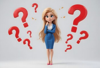 Professional Woman in Blue Suit Surrounded by Question Marks – Concept of Decision Making, Confusion, and Business Challenges