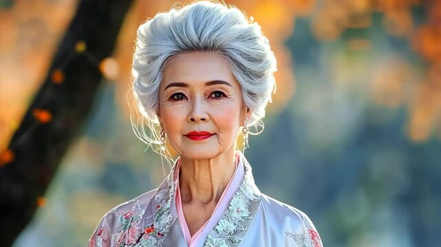 an old Asian woman in autumn nature park with yellow orange leaf trees background, tranquil and elegance look	
