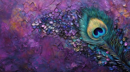 A vivid, colorful close-up of an oil-on-canvas abstract peacock feather, showcasing intricate patterns and mesmerizing hues