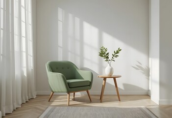 Minimalist Living Room Interior with Green Armchair, Wooden Table, and White Vase in Natural Sunlight – Modern Decor