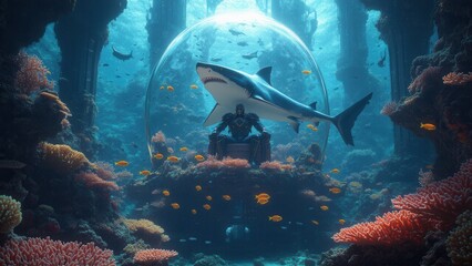 Fototapeta premium Majestic Shark Swimming in Vibrant Underwater Coral Landscape