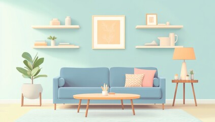 Pastel living room interior design with floating shelves, sofa, coffee table, and decorative objects.