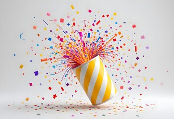 Colorful Confetti Explosion from Festive Party Popper: Celebration, Joy, and Surprise Concept on White Background