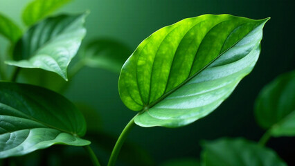 Generate an AI photo of Spathiphyllum cannifolium leaves, showcasing an abstract, vibrant green texture.  Focus on the natural beauty of tropical leaves, emphasizing depth, a serene mood, soft diffuse