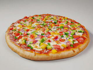 pizza with salami and tomatoes on white background.