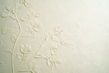 Elegant embossed floral design on a textured off-white wall, creating a serene and sophisticated aesthetic. - obrazy, fototapety, plakaty
