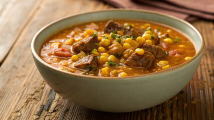 hearty bowl of locro with corn and meat, showcasing rich flavors and textures