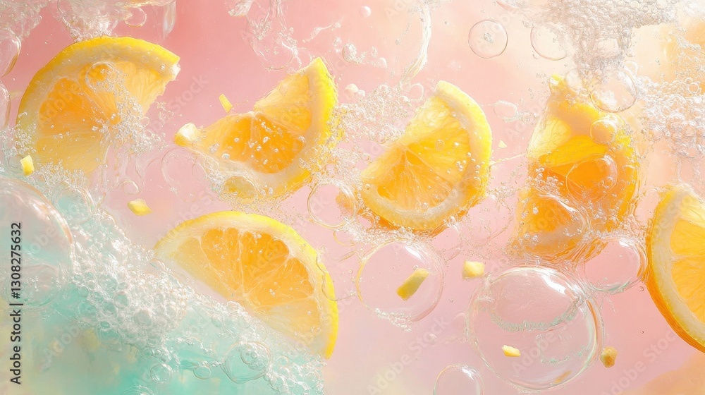 Poster vibrant orange slices float gracefully in clear water, creating a refreshing scene. tiny bubbles ris