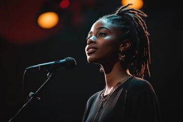 A woman speaks on stage