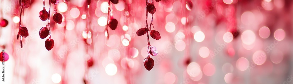 Poster a vibrant display of numerous red beads dangles gracefully from the ceiling of a cozy room, casting 