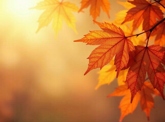 Generate an AI photo of warm orange autumn leaves creating an elegant seasonal fall background.  Focus on depth and mood, a warm inviting vibe, soft lighting, and a cozy atmosphere.  Style should be a