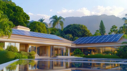 Fototapeta premium Modern Home with Solar Panels Mountain View Sustainable Living