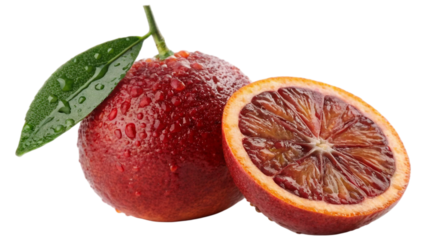 Single fresh whole blood red orange with an attached green stem and leaf, alongside a halved slice of the same fruit isolated on white background. Suitable for marketing or business purposes. PNG file