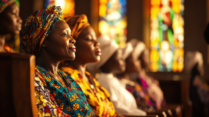 Fototapeta premium African women in colorful traditional attire at church service.