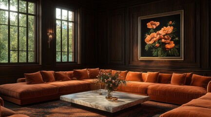 Luxurious, dark wood paneled room with orange velvet sectional sofa, centered coffee table and large floral painting.