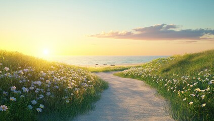 Fototapeta premium Pathway through a field of flowers leads to a beach at sunset.