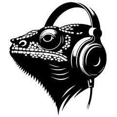 Silhouette of a chameleon wearing a headset © Breck