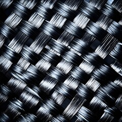 A high-tech carbon fiber weave with sleek black and silver strands, industrial and modern