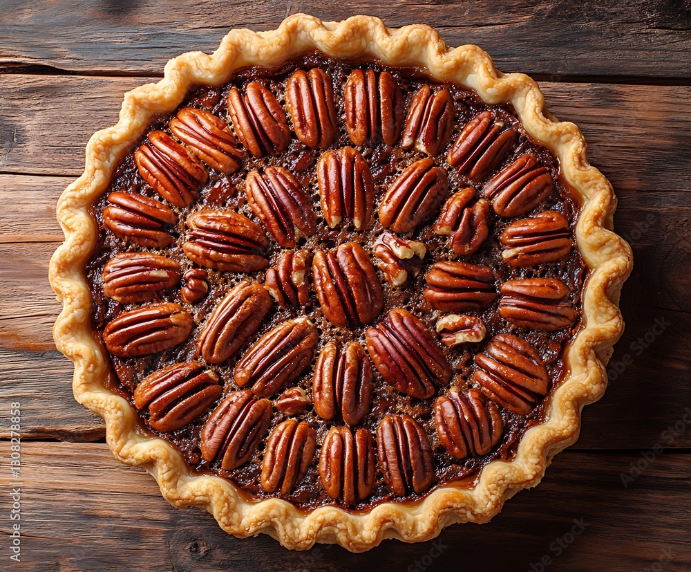 Poster delicious homemade pecan pie with a golden crust on a rustic wooden table : generative ai