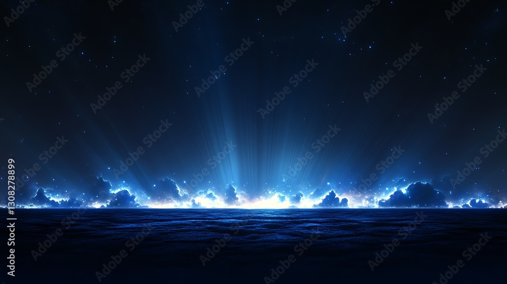 Aufkleber stunning blue horizon with radiant light rays and dark clouds creating a mystical seascape : generat