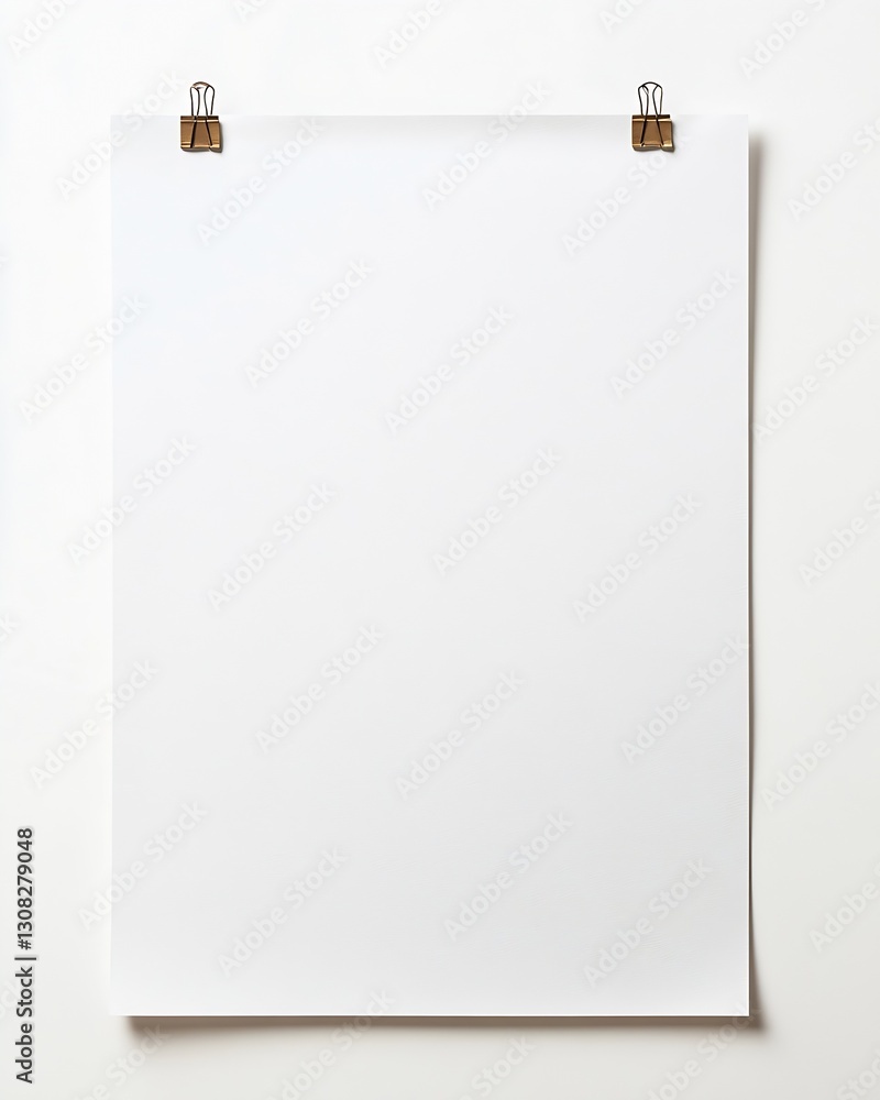 Poster blank white paper hanging on clips against a minimalist wall for art and design applications : gener