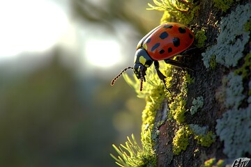 Ladybug climbs mossy tree trunk