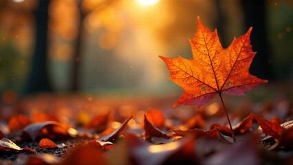 Autumn leaves, delicate sparkle, depth of field, moody lighting, warm atmosphere, vibrant colors, professional quality, high resolution, detailed textures, bokeh effect, fall foliage, golden hour, sof