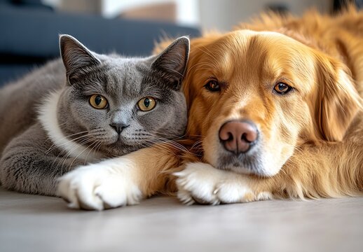 Charming gray cat and golden retriever dog cuddling together indoors in contemporary living room : Generative AI