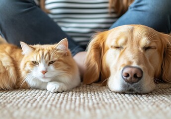 Fluffy ginger cat and golden retriever dog lying together in a cozy indoor space with person : Generative AI
