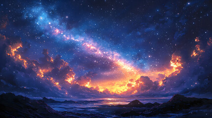 Obraz premium The image portrays a vibrant cosmic landscape featuring a bright galaxy above fiery clouds, over a landscape.