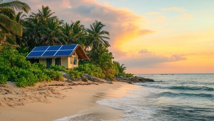 Obraz premium Peaceful beachfront cabin with solar panels at sunset. Lush tropical vegetation surrounds a small, light-colored house on the beach, with gentle waves.