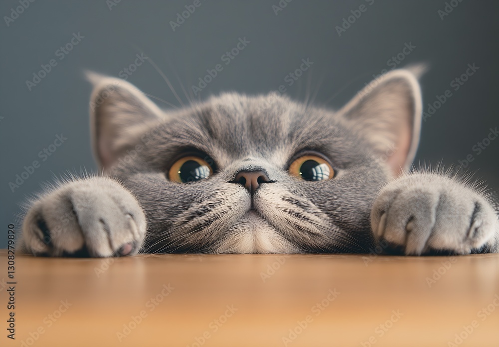 Poster charming grey cat looking playfully over the edge of a table with big curious eyes : generative ai