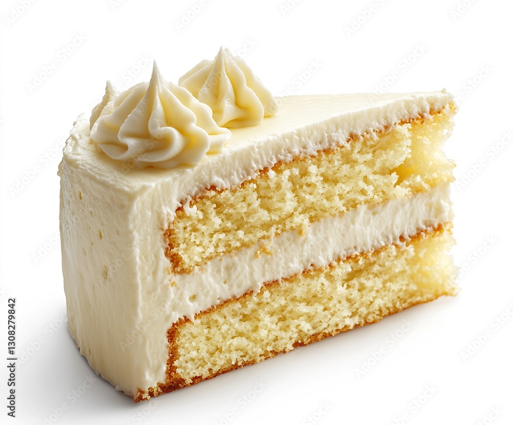 Poster deliciously creamy slice of vanilla cake topped with fluffy swirls of frosting and visually inviting