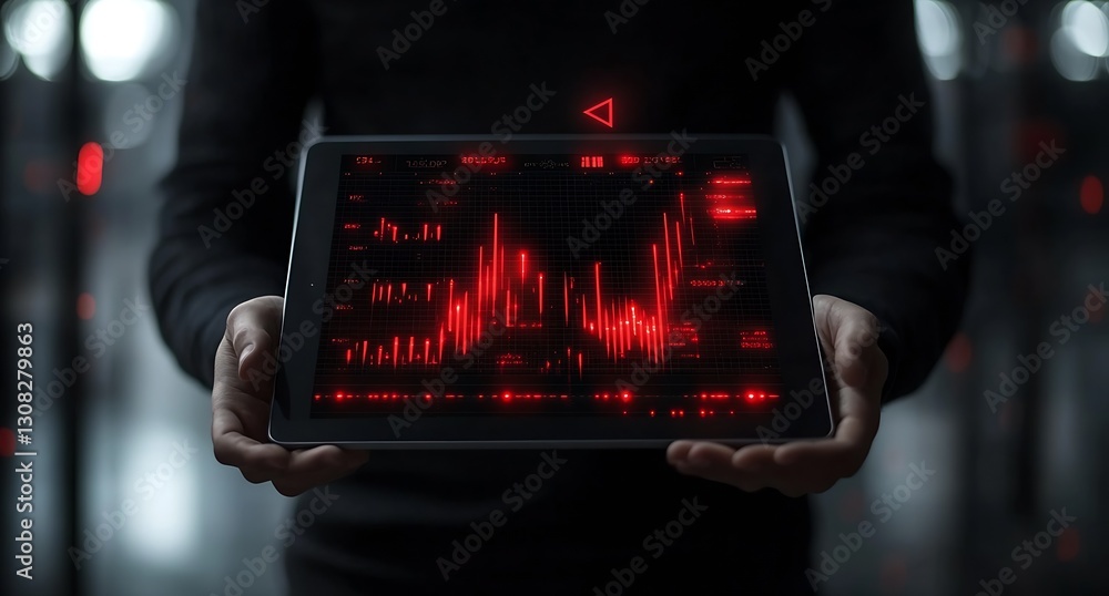 Poster Person Holding Digital Tablet Displaying Financial Data with Red Graphs and Charts : Generative AI