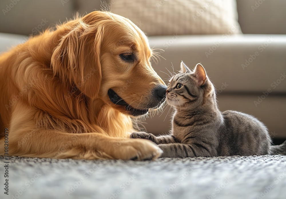 Poster Golden Retriever and Tabby Cat Engaging in Heartwarming Interaction at Home : Generative AI
