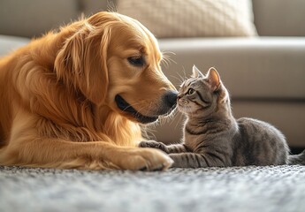 Golden Retriever and Tabby Cat Engaging in Heartwarming Interaction at Home : Generative AI