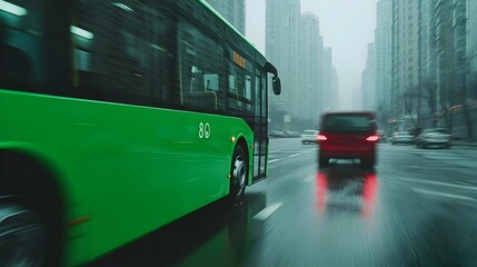Green City Bus Driving through Rainy Urban Street with Traffic