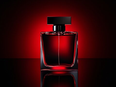 Luxury concept artistic photography of captivating red fragrance bottle in studio
