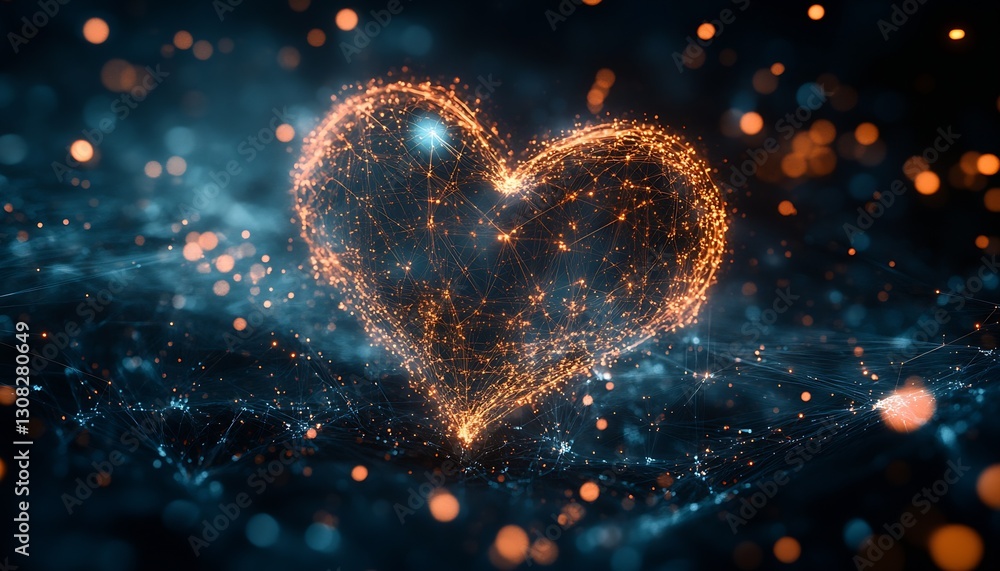 Poster beautiful heart-shaped network of glowing particles in blue and orange colors : generative ai