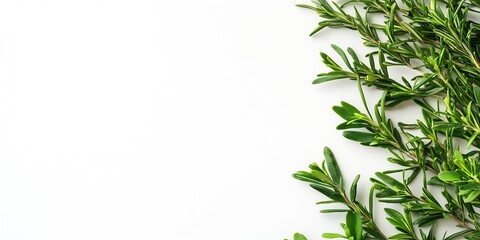 Fototapeta premium Fresh Green Rosemary Sprigs on a Minimalistic White Background : Generative AI
