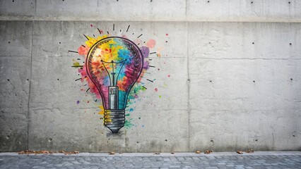 Colorful Light Bulb Graffiti Against Urban Concrete Wall Art