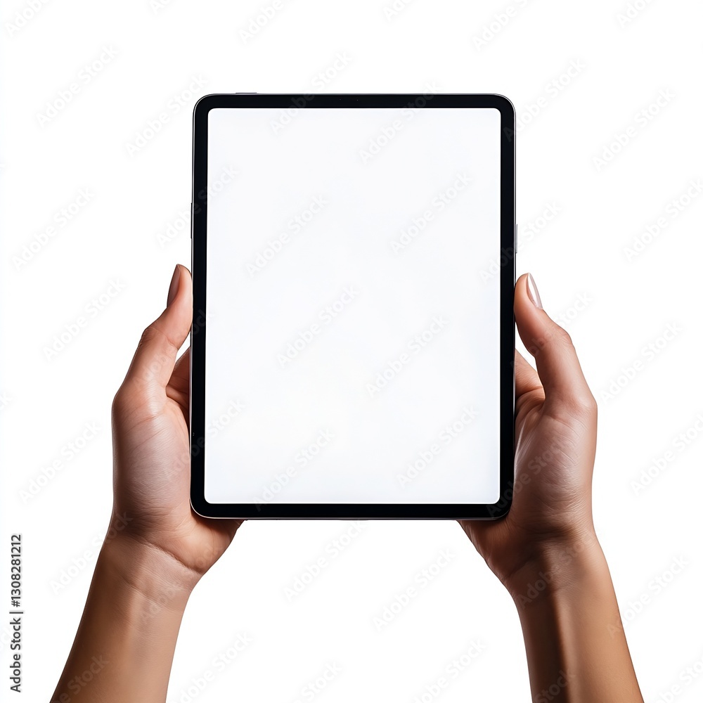 Aufkleber close up of hands holding blank tablet with modern look : generative ai