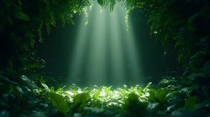 Enchanted Forest Light Rays Illuminating Lush Greenery Ground
